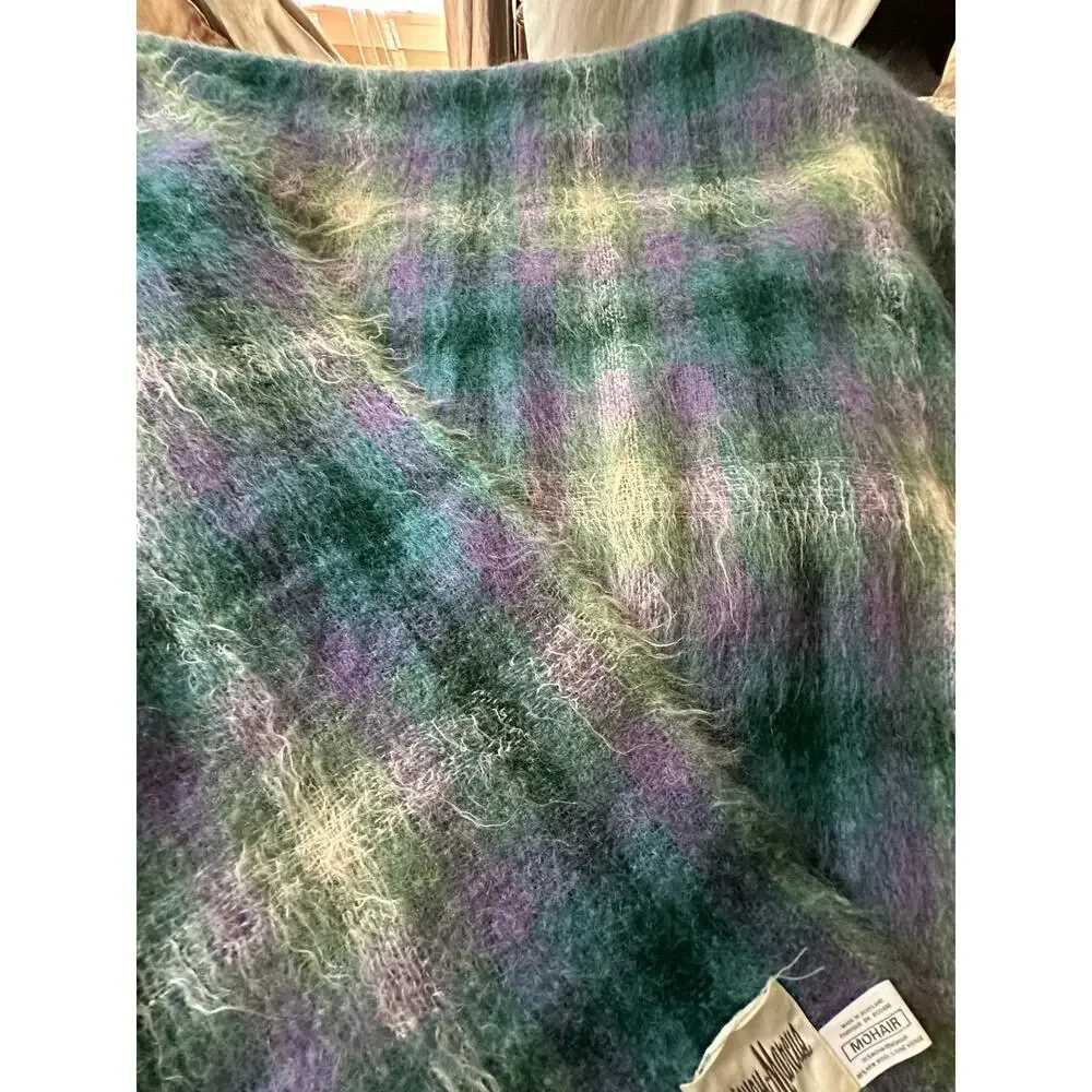 Vintage Neiman Marcus plaid mohair wool throw blanket purple green teal 68x44”